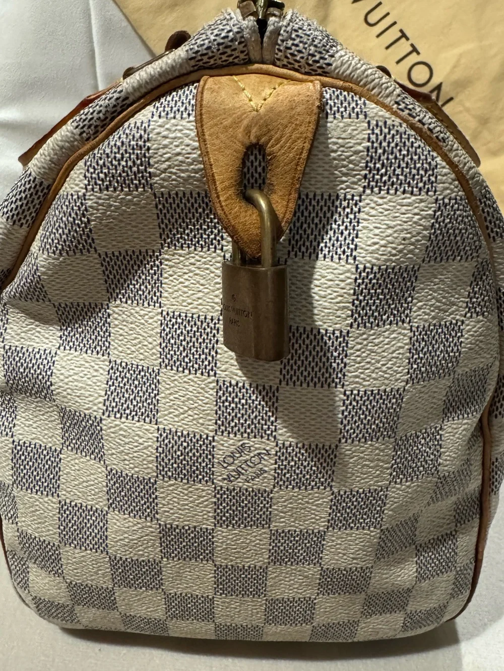 Louis Vuitton Damier Azur Speedy 30 Handbag in White/Blue